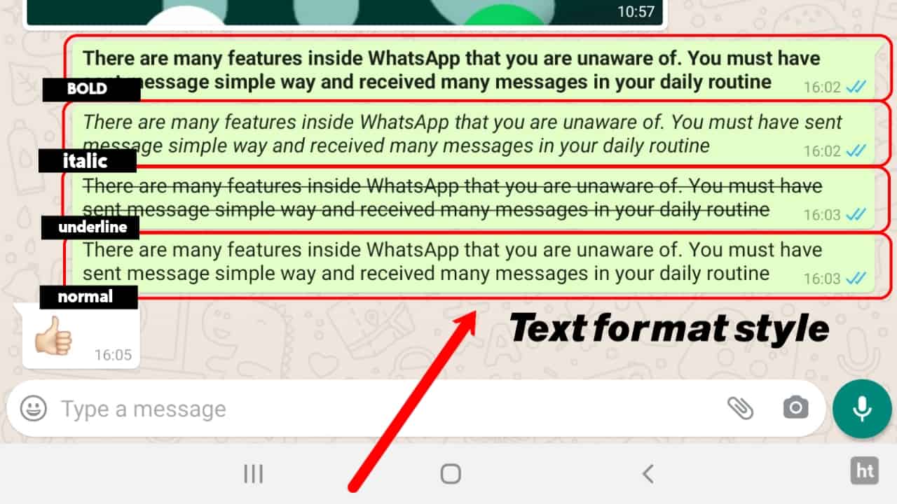  A screenshot of a WhatsApp chat with text formatting tips, including bold, italic, underline, and normal text.